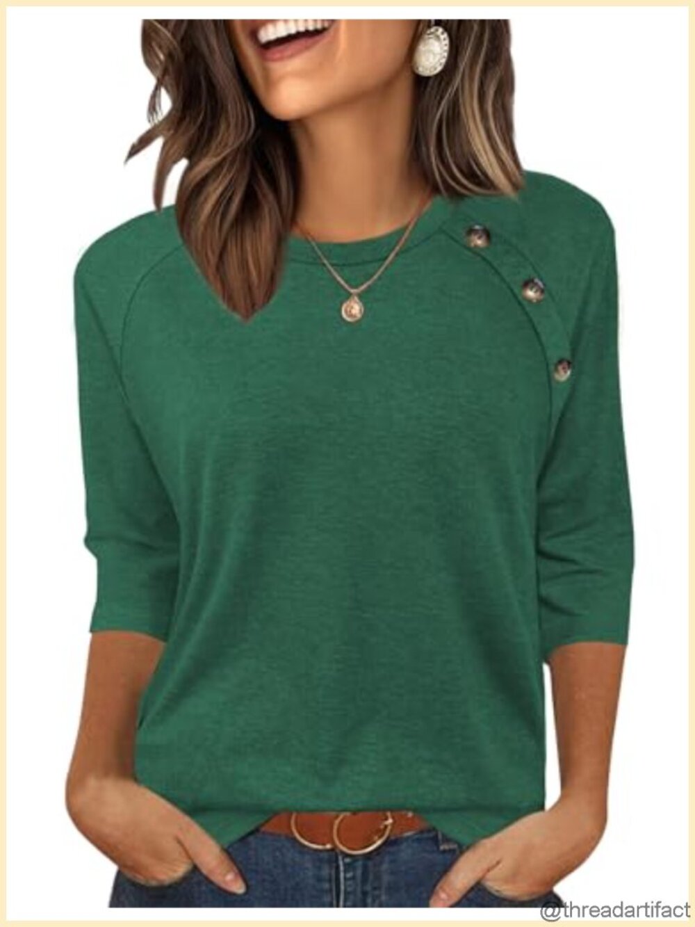 Womens 3/4 Sleeve Crew Neck Blouse Relaxed Fit Casual Top